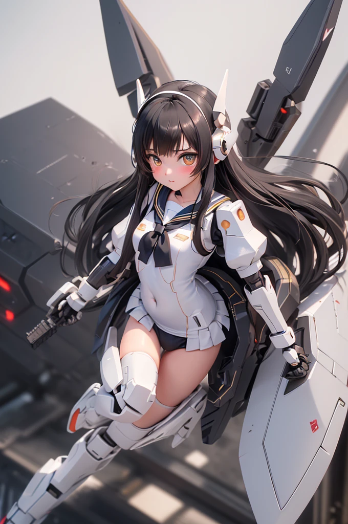 (highest quality)), ((masterpiece)), (very detailed: 1.3), 3D, {(1 young girl)}, (wear white  with sailor suit and black tie under armor:1.3), (black hair:1.5), (She is fused with futuristic Gundam mecha:1.3), with headgear, with v-fin , armored shoulders,armored under arms, armored under legs, short sleeve, attached 2 huge weapons on back, legs mounted weapon module, camel toe,  multilayer textureperfect proportions, octane rendering, duotone lighting, Low ISO, wide aperture, White balance, Rule of thirds, ultra HD16k, HDR (High Dynamic Range), Ray Tracing, NVIDIA RTX, Super Resolution, Subsurface Scattering, PBR Texturing, Post Processing, Anisotropic Filtering, Depth of Field, Maximum Clarity and Clarity, High efficiency subpixel, subpixel convolution, particles of light, light scattered, Tyndall effect, full body:1.5, battle pose,(face-off sex position:1,2), , cute, (cute:1.2), (long hair:1.3), (Average face of Japanese idols),  (baby face), Wide forehead:1.2, Plump Cheeks, Small jaw, in the hangar,looking at viewer,Focus on the eyes , (Four perfect fingers, One thumb),