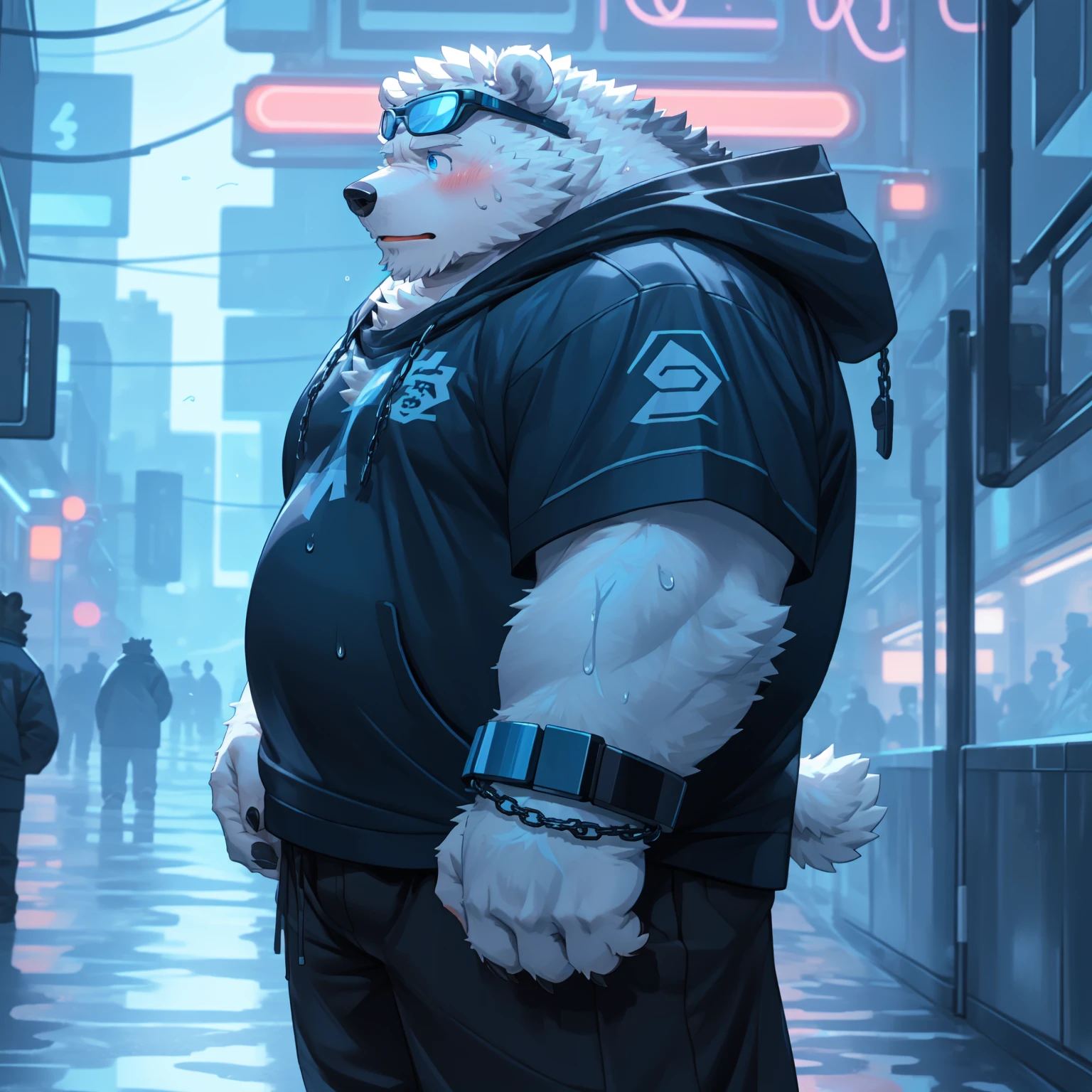 新泽西5hairy，polar bear，Exquisite，(Sportswear, Black clothes, sports shoes, glowing sports shoes, bracelet, Neon Sunglasses, Baggy pants), Science Fiction Street, Neon, (through empty ghost，masterpiece, high quality, high resolution, 8k, HD), permanent,Close-up portraits, Looking at the audience, night, indoors, Happy expression, posture, Arms down, chain，sweat, blush，Oily ，Solitary，Chubby，Fat，Thick arms，Rugged muscles，White plush fur，Chubby脸，Black eyebrows，Sky blue eyes，（Beard），Cover, high resolution, top quality, best quality, Beast field, hairy, Black Hoodie, ((Black fluffy curls)),  Looking at the audience,  best quality, detailed.