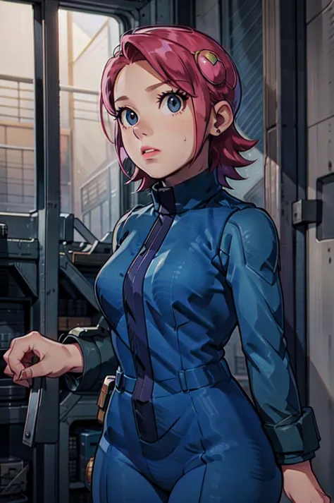 Mayl Sakurai reimagined as a vault dweller, doing maintenance in an underground vault. Her vibrant pink hair stands out against ...