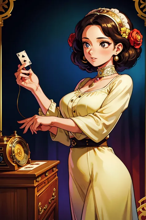 a 1970s woman opening a packaging of a solfège-inspired playing card, surrounded by a music box, vintage radio, and retro artsty...