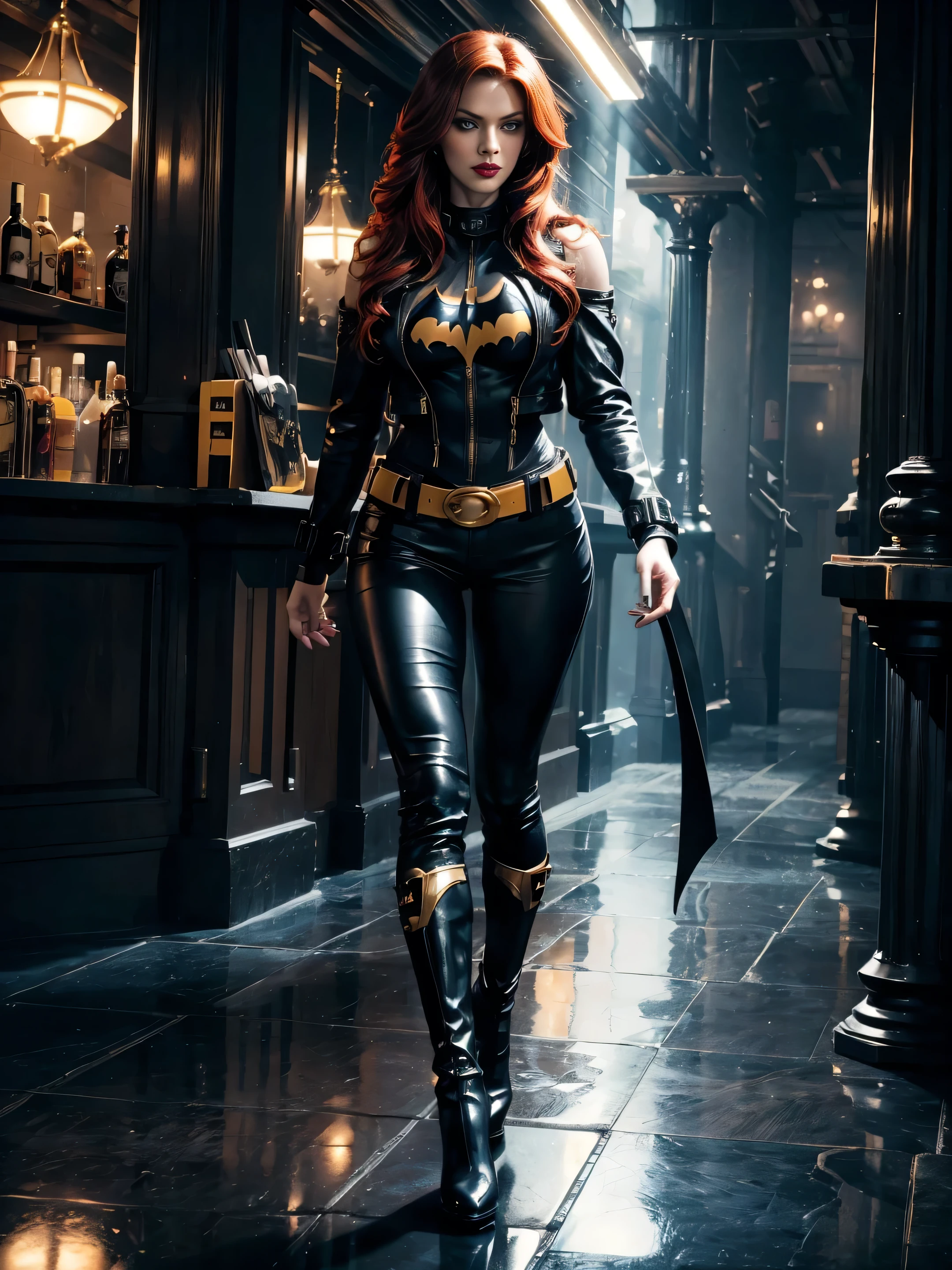 batgirl redhead sexy beautiful black and yellow tight-fitting leather jacket, tight-fitting leather pants, black high-heeled leather boots, blue long hair, black eyes, red lips, perfect hands, big breasts, broad athletic shoulders, thin waist, long muscular legs, dark brick room , twilight, thick fog, dirty floor
