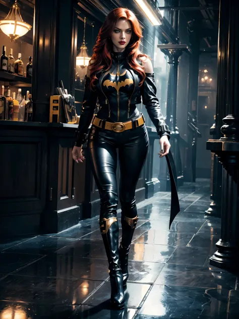 batgirl redhead sexy beautiful black and yellow tight-fitting leather jacket, tight-fitting leather pants, black high-heeled lea...