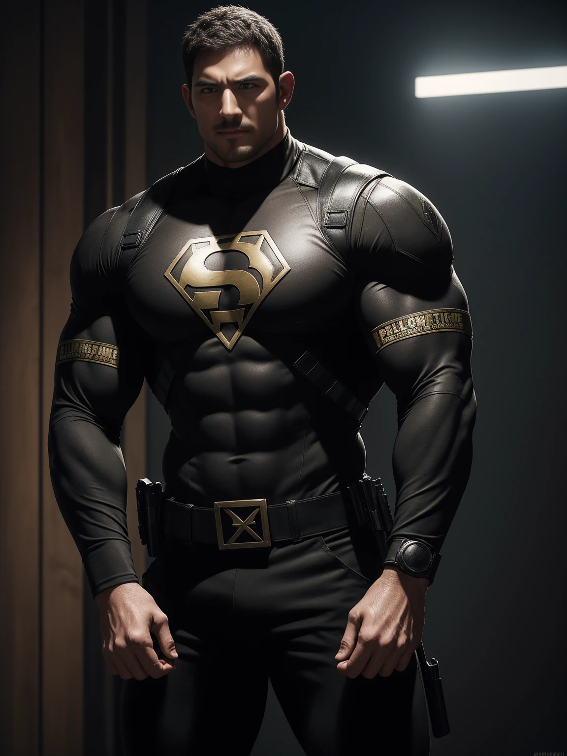 One Tall giant muscular police officer,  On the old-style outdoor streets, Wear a brown superhero bodysuit with long sleeves, Elastic spandex material，The expression is arrogant, Lift your chin, Messy hair, Thick thighs, Brown Superhero Bodysuit with Turtleneck and Long Sleeves, very tight, Regular symmetrical pattern, Highlight muscles, Police uniform pants, character concept（Resident Evil - Chris Redfield, Chris Redfield）A proud expression, Deep and charming eyes, Heroic male pose, tall Burly, muscular！muscular thighs, tough guy, perfect facial features, High, Burly, Heqiang, Super polished and cool, High Resolution Committee, Charismatic, The sun is blazing, dazzling