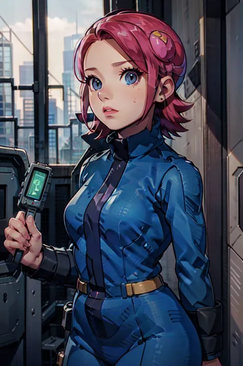 mayl sakurai reimagined as a vault dweller, doing maintenance in an underground vault. her vibrant pink hair stands out against ...