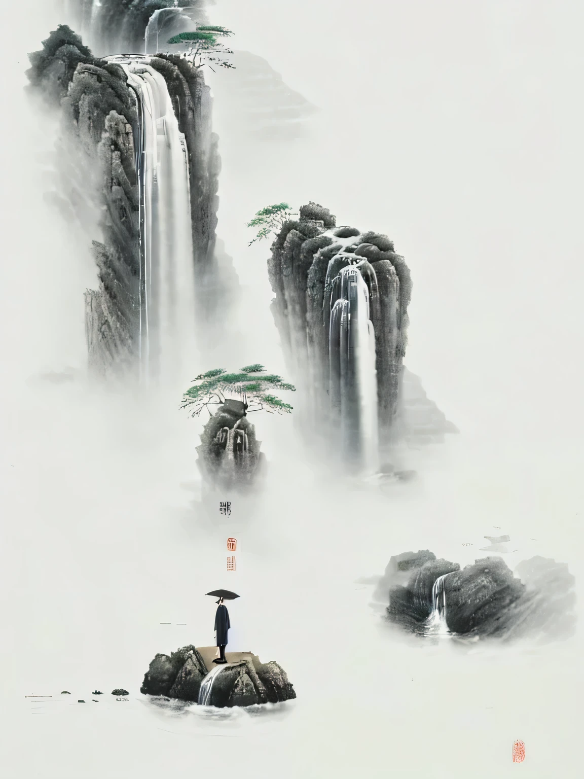 A man stands on rocks in front of a waterfall，Umbrella in hand, by Cheng Jiasui, Chinese painting style, by Dong Qichang, Chinese Ink Painting, by Huang Ji, author：Pan Tianshou, Hu Jieqing, Chinese watercolor style, by Wu Zuoren, author：Fan Qi, author：Wu Hong, author：Dong Yuan