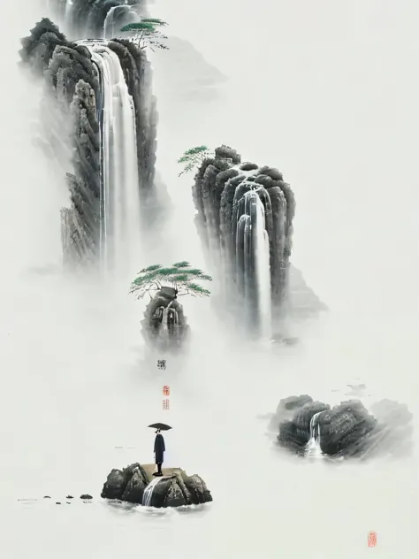 A man stands on rocks in front of a waterfall，Umbrella in hand, by Cheng Jiasui, Chinese painting style, by Dong Qichang, Chines...