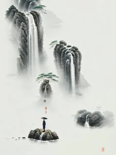 a man stands on rocks in front of a waterfall，umbrella in hand, by cheng jiasui, chinese painting style, by dong qichang, chines...