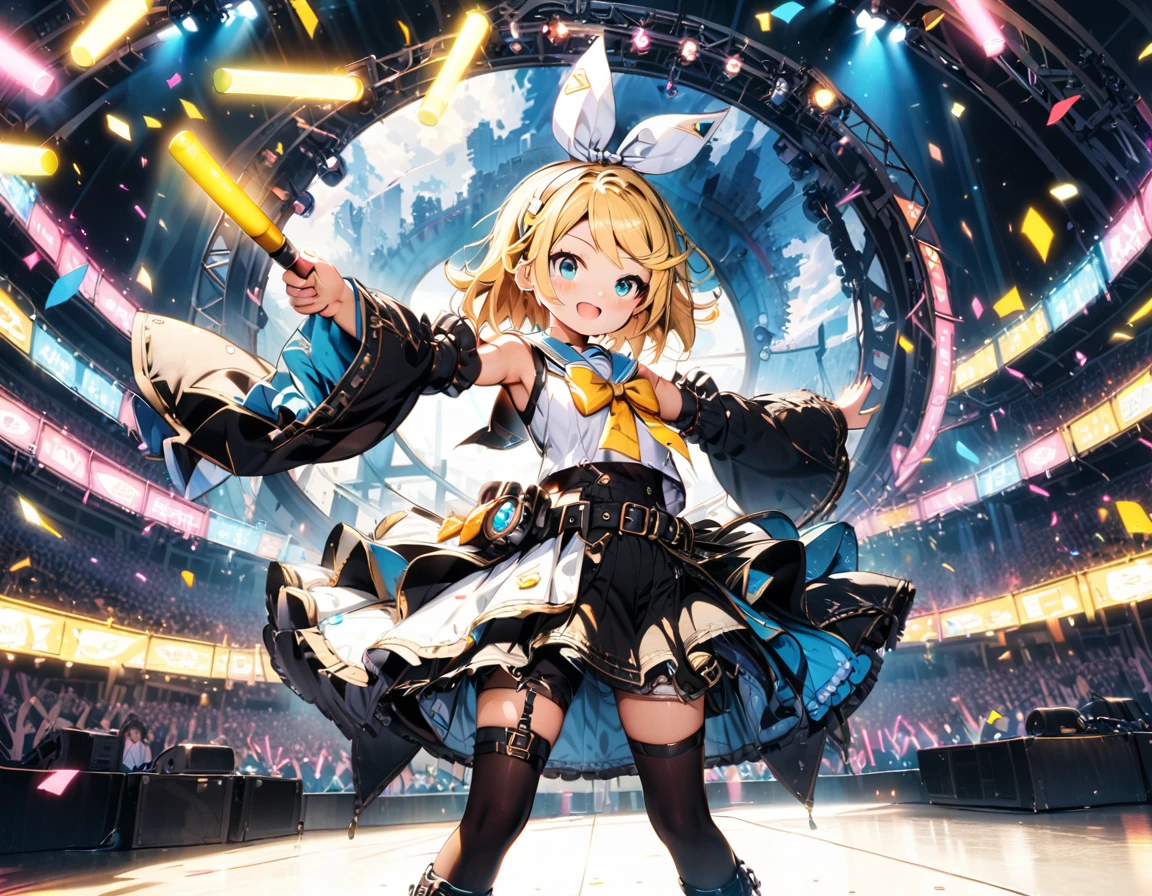 KAGAMINE RIN\(vocaloid\),solo,1female\(cute,kawaii,age of 10,KAGAMINE RIN\(vocaloid\),light yellow hair, short hair,red tattoo of numbers"02" on shoulder,(big white bow),sleeveless white shirt,detached black arm bell sleeves,(arm sleeves are black bell sleeves:1.2),belt,sailor collar,yellow wide tie,white headphones,black short pants,black knee high leg warmers,yellow key strap at belt,open shoulder,singing and dancing,(very cute pose:1.5),(korean idol pose:1.5),dynamic pose,(cute big smile),(full body),looking away\), BREAK ,background\((live stage),colorful confetti,pastel color spotlights,(many colorful music notes),(many audience waving yellow glow sticks at audience seats:1.3),\), BREAK ,quality\(8k,wallpaper of extremely detailed CG unit, ​masterpiece,hight resolution,top-quality,top-quality real texture skin,hyper realisitic,increase the resolution,RAW photos,best qualtiy,highly detailed,the wallpaper,cinematic lighting,ray trace,golden ratio\),RIN is so so cute,dynamic angle,long shot,wide shot,(aerial view:0.3)