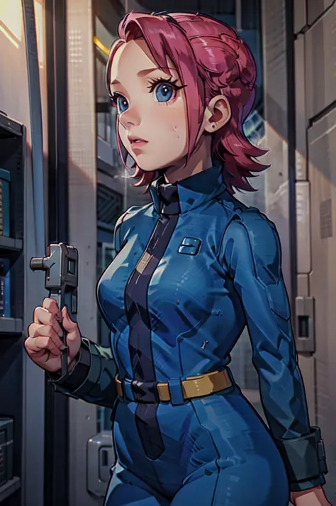 mayl sakurai reimagined as a vault dweller, doing maintenance in an underground vault. her vibrant pink hair stands out against ...