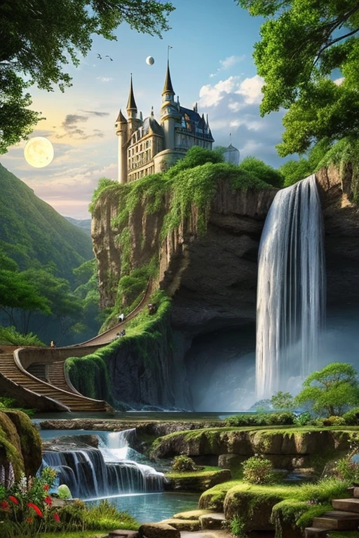 3d fantasy world with magical castle, clouds and waterfalls, stairs to the moon , trees, photo realistic, high resolution, hyper detailed photography, 