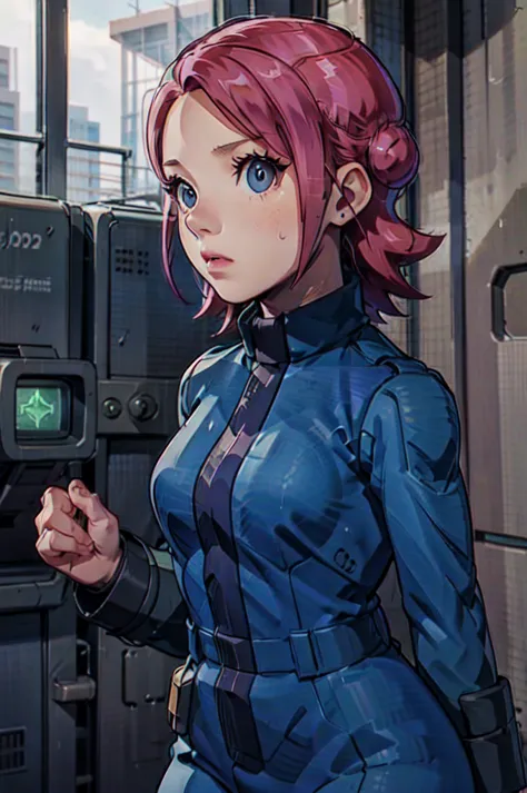 Mayl Sakurai reimagined as a vault dweller, doing maintenance in an underground vault. Her vibrant pink hair stands out against ...