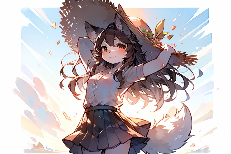 monochrome, watercolor, high resolution, top quality, best quality, Paid rewards available, High-quality illustrations, An unrivalled masterpiece, Perfect work of art, absurdes, White tulle skirt，Innocent，girl, Beast field, hairy, Detailed body fur, Animal Face,Canine nose animal hand,，Happy expression, arctic fox，Brown hair，Long hair，A gentle breeze blows，Brown tail，hairy tail，On the beach，Wearing a straw hat，Open your arms
