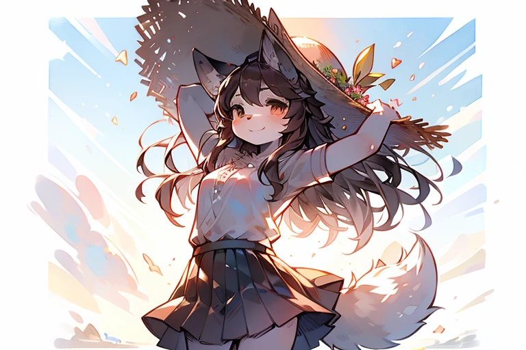 monochrome, watercolor, high resolution, top quality, best quality, Paid rewards available, High-quality illustrations, An unrivalled masterpiece, Perfect work of art, absurd, White tulle skirt，Innocent，girl, Beast field, hairy, Detailed body fur, Animal Face,Canine nose animal hand,，Happy expression, arctic fox，Brown hair，Long hair，A gentle breeze blows，Brown tail，hairy尾巴，On the beach，Wearing a straw hat，Open your arms