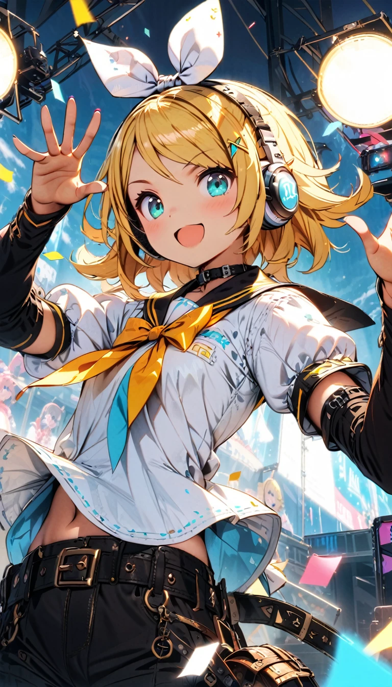 KAGAMINE RIN\(vocaloid\),solo,1female\(cute,kawaii,age of 10,KAGAMINE RIN\(vocaloid\),light yellow hair, short hair,red tattoo of numbers"02" on shoulder,(big white bow),sleeveless white shirt,detached black arm bell sleeves,(arm sleeves are black bell sleeves:1.2),belt,sailor collar,yellow wide tie,white headphones,black short pants,black knee high leg warmers,yellow key strap at belt,open shoulder,singing and dancing,(very cute pose:1.5),(korean idol pose:1.5),dynamic pose,(cute big smile),(full body),looking away\), BREAK ,background\((live stage),colorful confetti,pastel color spotlights,(many colorful music notes),(many audience waving yellow glow sticks at audience seats:1.3),\), BREAK ,quality\(8k,wallpaper of extremely detailed CG unit, ​masterpiece,hight resolution,top-quality,top-quality real texture skin,hyper realisitic,increase the resolution,RAW photos,best qualtiy,highly detailed,the wallpaper,cinematic lighting,ray trace,golden ratio\),RIN is so so cute,dynamic angle,long shot,wide shot,(aerial view:0.3)