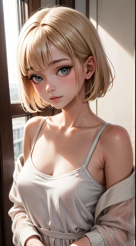 short hair, Short hair with bangs, Woman with pretty face,Cute little face, French Bob, White skin, Short brown hair and big eye...