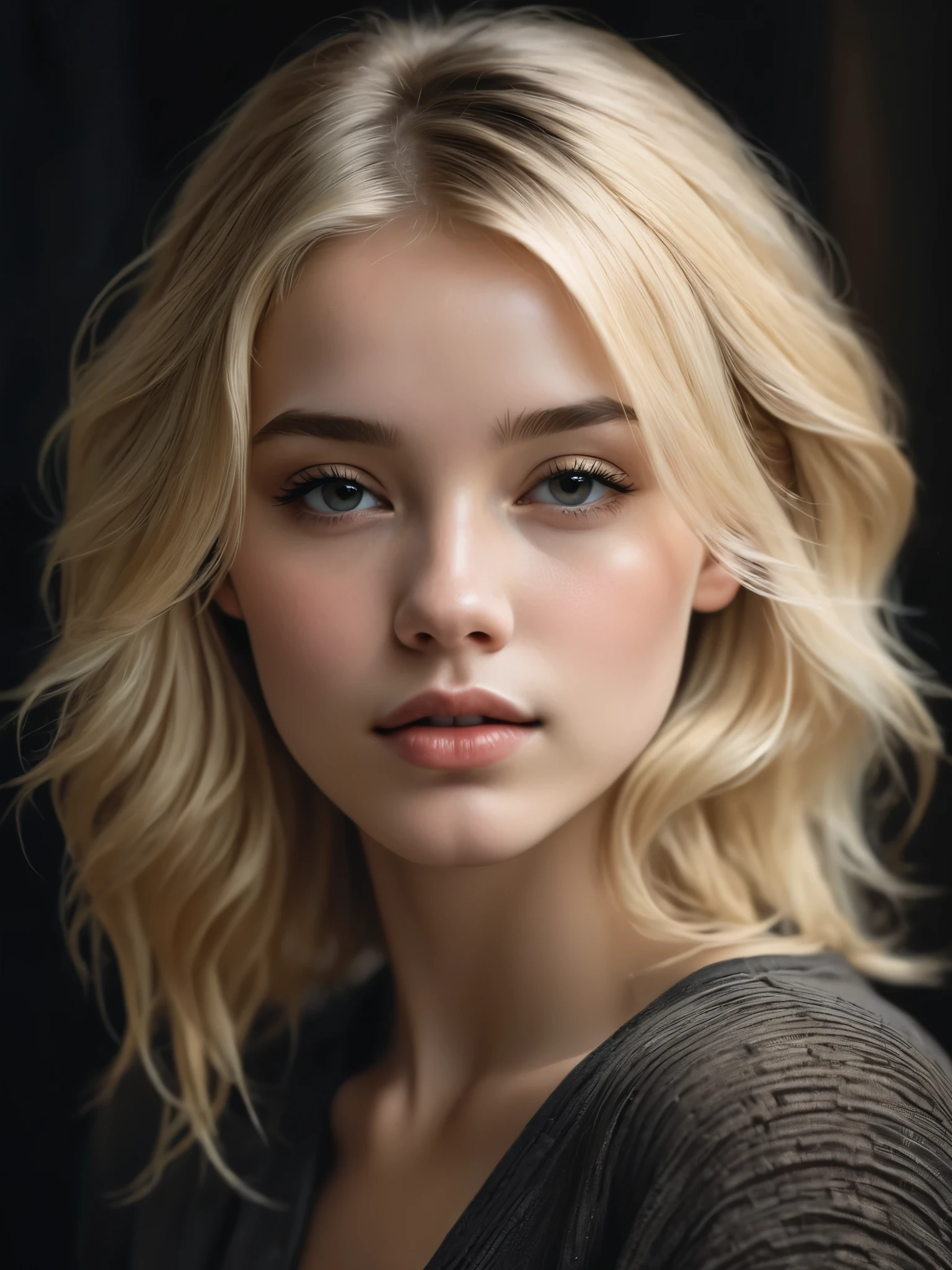 une jeune femme, blond, Thème sombre, tons apaisants, couleurs sourdes, Contraste élevé, (texture naturelle de la peau, Hyperréalisme, Lumière douce, POINTU)
