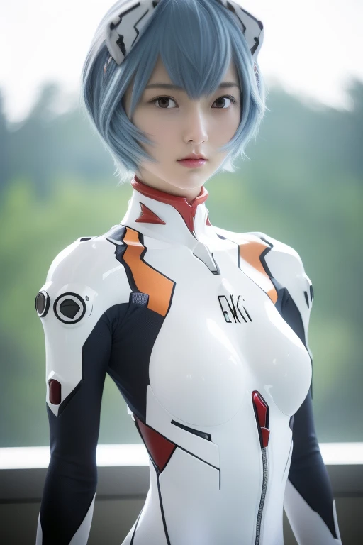 ( (8k:1.27), highest quality, masterpiece, Ultra-high resolution:1.2) Japanese women photos (beautiful:1.2), realistic, Realistic portrait, Upper body photo, One Woman, Looking right to the side, 
Live-action Evangelion, Rei Ayanami, Rei Ayanami, 
Real skin, Accurate anatomical structure, short hair, Blue Hair, Red eyes, Red Eyes, Shoulder width is normal, Sloping shoulders, The lettering on the chest is 00, small breast, 
Evangelion headset, Plug Suit, シンプルなデザインのPlug Suit, Tight fitting bodysuit,