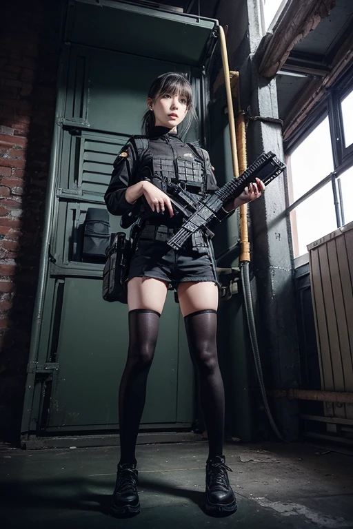 1 girl、submachine gun、Walkie-talkie call、shooting、In a dark warehouse、Black clothes、Special operations、special forces、Cinematic action、dynamic