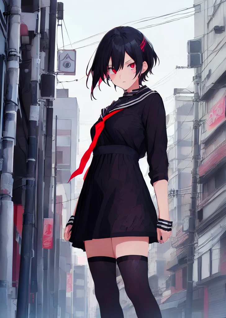 (perfect composition),anime character Sukeban delinquent girl  standing on a city street corner in black seifuku with black very long skirt, anime style. 8k, anime style mixed with fujifilm, retro anime girl, anime styled digital art, in tokyo, anime style illustration, anime style 4 k, anime style artwork, anime poster film still portrait, tokyo anime scene, modern anime style, anime style digital art, short hair, 26year old, red converse,