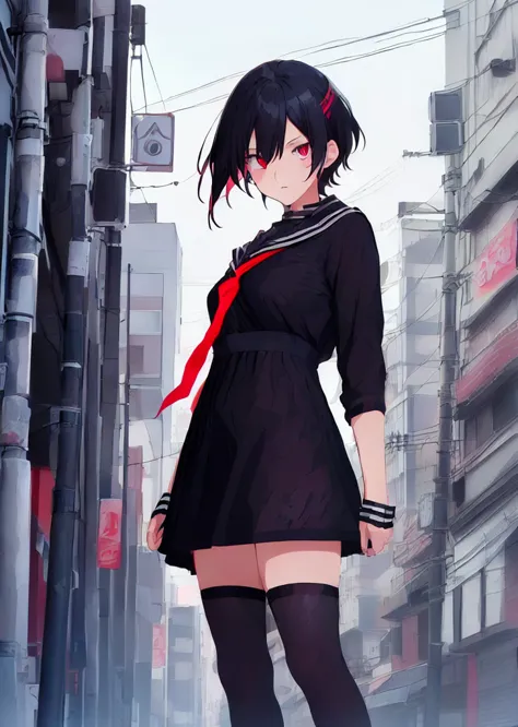 (perfect composition),anime character Sukeban delinquent girl  standing on a city street corner in black seifuku with black very...