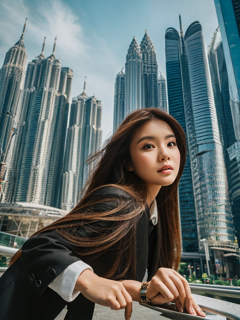 一位身材粗壯的印尼婦女的攝影, 棕色層長髮, 穿著休閒-正式的黑色衣服, 以雙子星大樓為背景，擺出雜誌模特兒的姿勢, 從下面拍攝, 超高画质, 非常高的細節 , ISO 1000, 單眼相機, 像真的一樣, 電影濾鏡效果.
