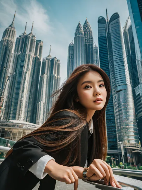 photography of an Indonesian woman with a thick body, long hair with brown layers, dressed in casual-formal black clothes, posin...