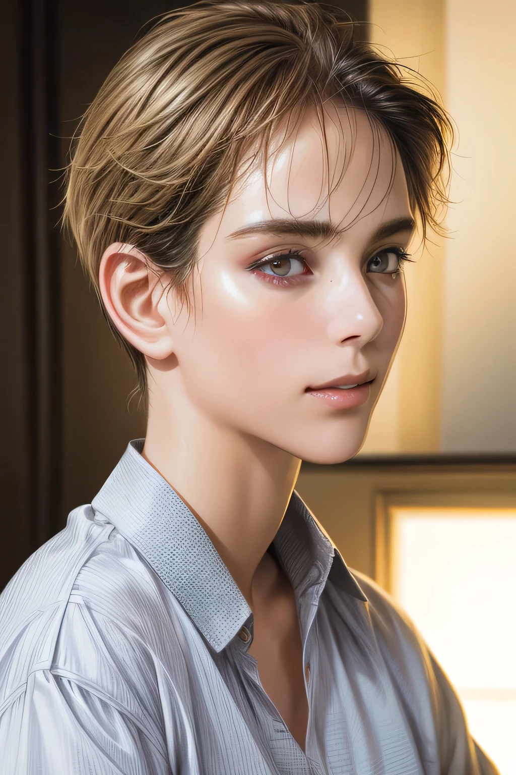 (NSFW:-1), (masterpiece:1.3), (8k, photorealistic, RAW photo, best quality: 1.4), 
cinematic lighting, 
(1boy), beautiful face, (realistic face), 
beautiful hairstyle, (short hair :1.5),
realistic eyes, beautiful detailed eyes, 
(realistic skin), beautiful skin, 
(blouse), 
absurdres, attractive, 
ultra high res, ultra realistic, highly detailed, 
golden ratio,  takizawakaren,  
