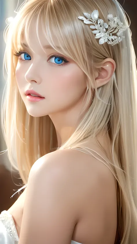 Beautiful white and shining skin、Blonde hair that changes color depending on the light、Long bangs between the eyes obstruct visi...