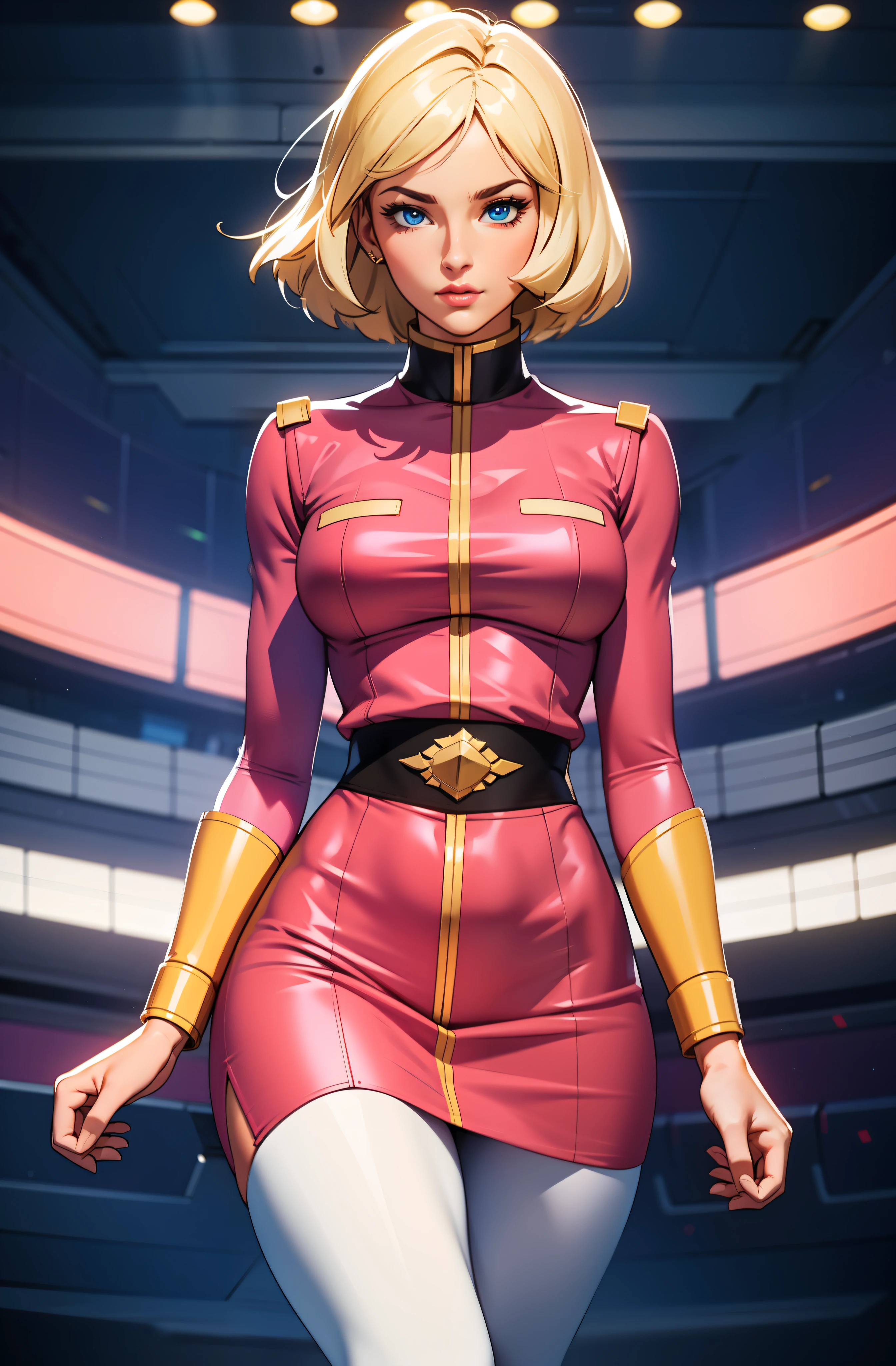 ((masterpiece)), ((cinematic lighting)), realistic photo、Real Images、Top image quality、1girl in, sayla mass, Elegant, masterpiece, Convoluted, slim arms, wide hips, thick thighs, thigh gaps, Best Quality, absurderes, high face detail, Perfect eyes, mature, Cowboy Shot, , Vibrant colors, soft pink uniform, soft pink Skirt, white tights