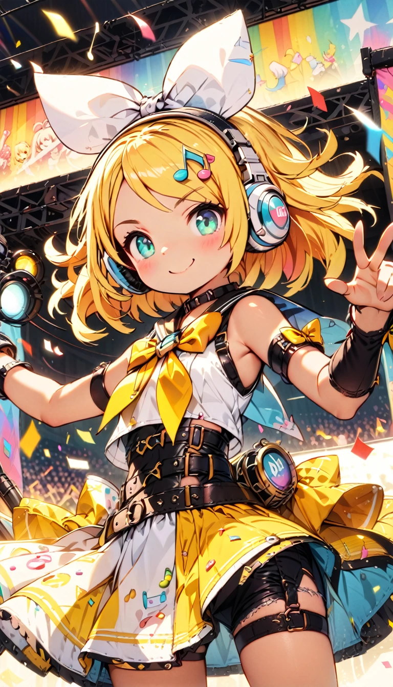 KAGAMINE RIN\(vocaloid\),solo,1female\(cute,kawaii,age of 10,KAGAMINE RIN\(vocaloid\),light yellow hair, short hair,red tattoo of numbers"02" on shoulder,(big white bow),(sleeveless white shirt),detached black arm sleeves\(black bell sleeves\),belt,sailor collar,yellow tie,white headphones,black short pants,black knee high leg warmers,yellow key strap at belt,open shoulder,singing and dancing,(very cute pose:1.5),(korean idol pose:1.5),dynamic pose,(very big cute smile),looking away\), BREAK ,background\(live stage,colorful confetti,pastel color spotlights,(many colorful music note signs:1.5),many audience\), BREAK ,quality\(8k,wallpaper of extremely detailed CG unit, ​masterpiece,hight resolution,top-quality,top-quality real texture skin,hyper realisitic,increase the resolution,RAW photos,best qualtiy,highly detailed,the wallpaper,cinematic lighting,ray trace,golden ratio\),RIN is so so cute,dynamic angle,long shot,wide shot,(aerial view:0.8)