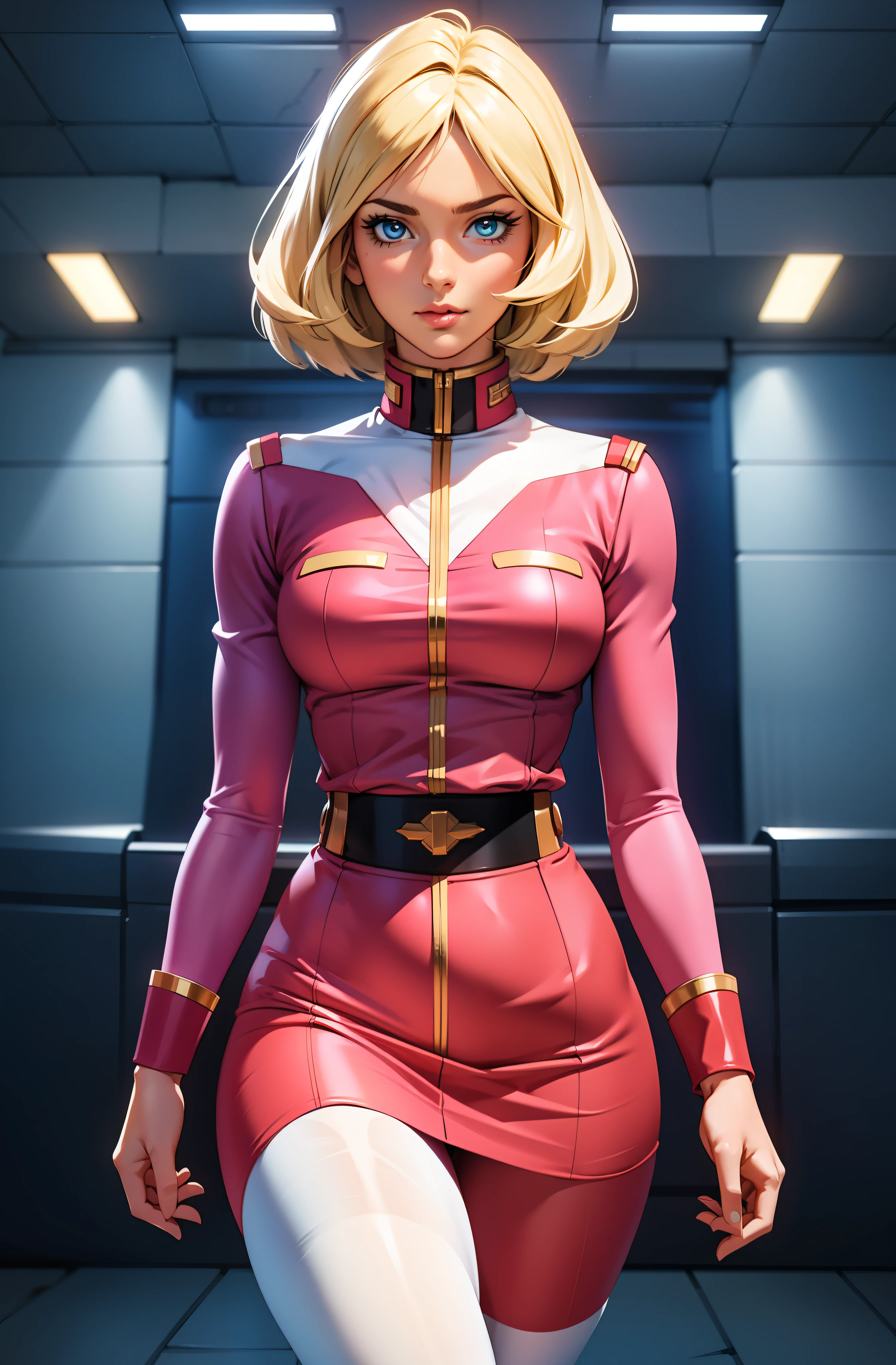 ((masterpiece)), ((cinematic lighting)), realistic photo、Real Images、Top image quality、1girl in, sayla mass, Elegant, masterpiece, Convoluted, slim arms, wide hips, thick thighs, thigh gaps, Best Quality, absurderes, high face detail, Perfect eyes, mature, Cowboy Shot, , Vibrant colors, soft pink uniform, soft pink Skirt, white tights