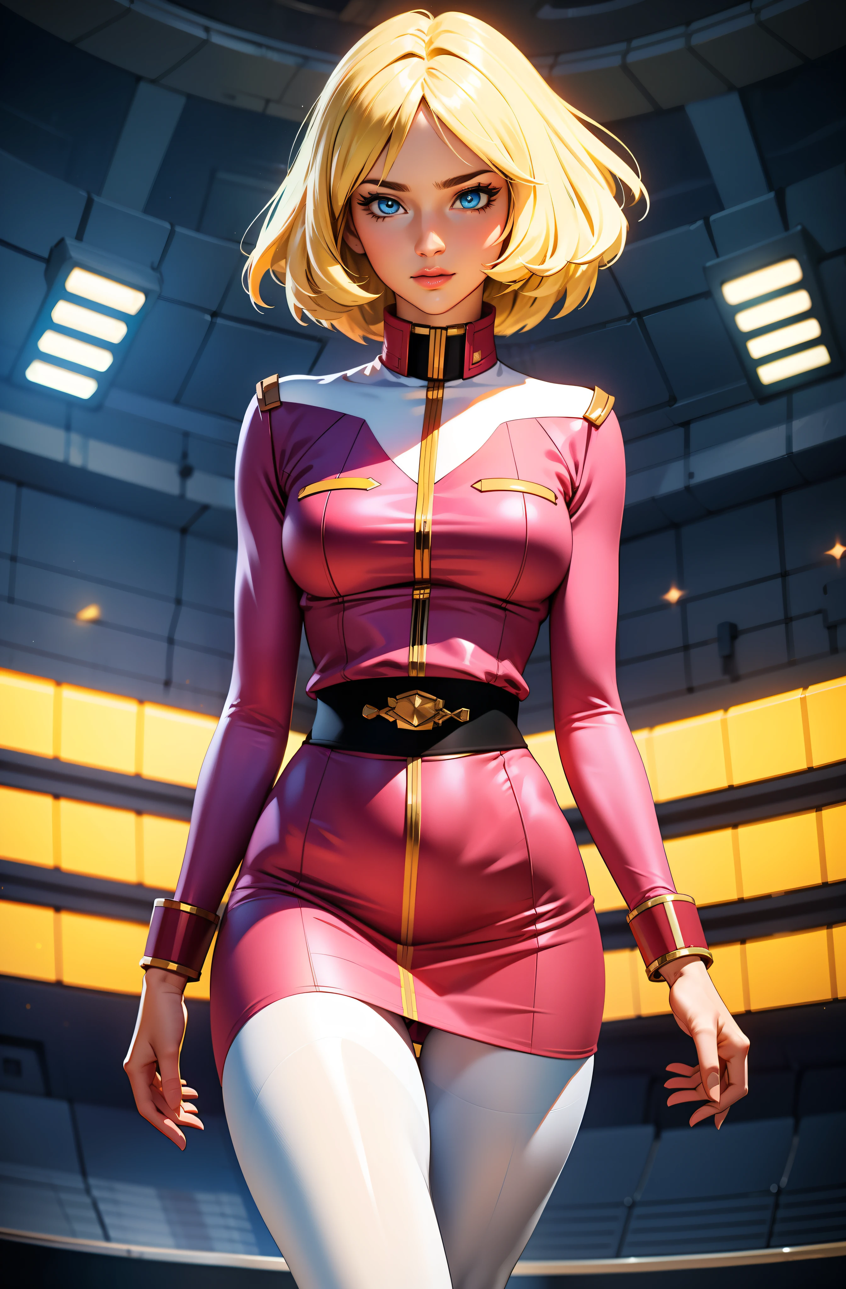 ((masterpiece)), ((cinematic lighting)), realistic photo、Real Images、Top image quality、1girl in, sayla mass, Elegant, masterpiece, Convoluted, slim arms, wide hips, thick thighs, thigh gaps, Best Quality, absurderes, high face detail, Perfect eyes, mature, Cowboy Shot, , Vibrant colors, soft pink uniform, soft pink Skirt, white tights