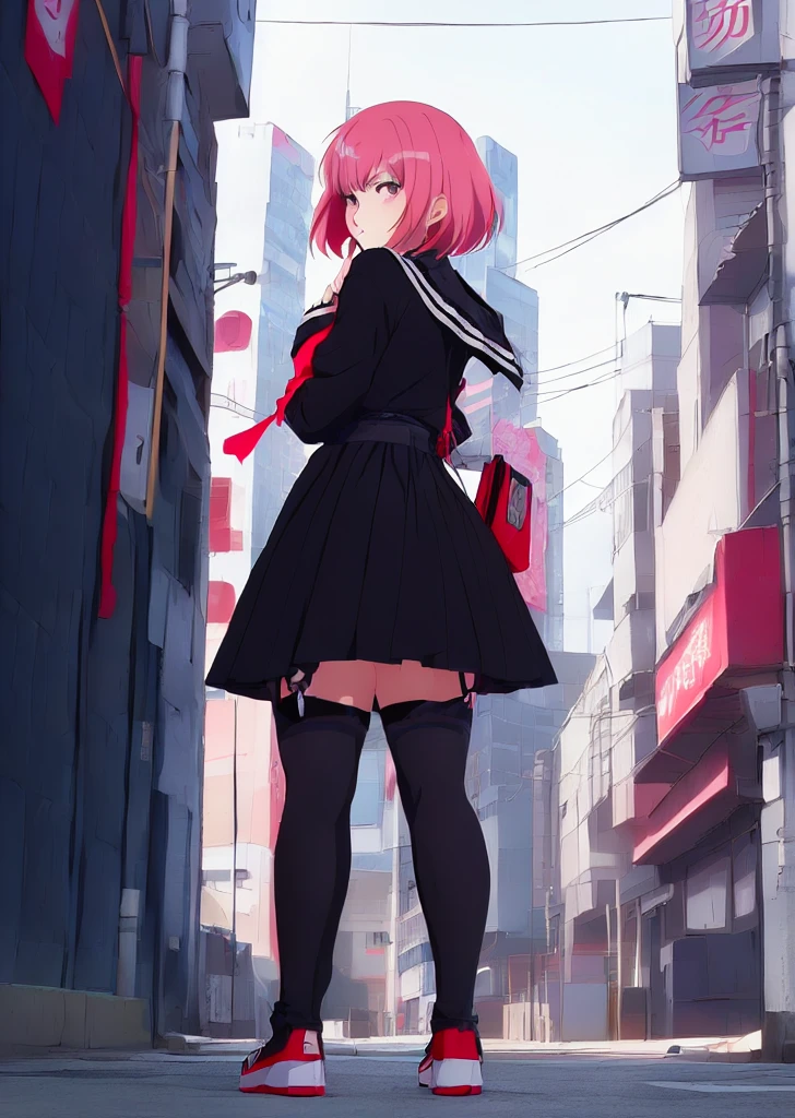 (perfect composition),anime character Sukeban delinquent girl  standing on a city street corner in black seifuku with black very long skirt, anime style. 8k, anime style mixed with fujifilm, retro anime girl, anime styled digital art, in tokyo, anime style illustration, anime style 4 k, anime style artwork, anime poster film still portrait, tokyo anime scene, modern anime style, anime style digital art, short hair, 26year old, red converse,