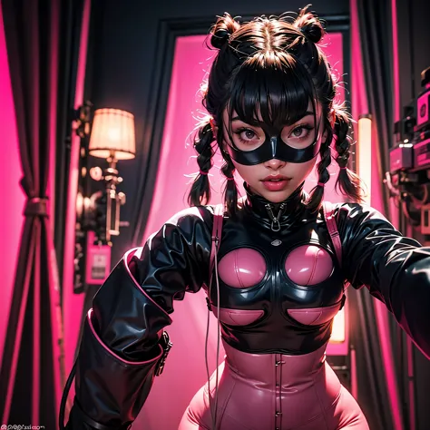 a very beautiful and very thin girl, pink braided pigtails, wears pink underwear with tights and latex face mask. dark room with...