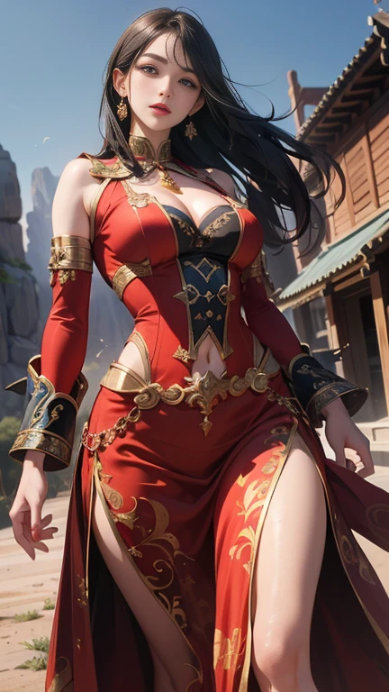 (8k, original photo, best quality, masterpiece:1.2), (Practical, photo-Practical:1.4), (Extremely detailed CG Unity 8K wallpaper), (1 girl:1.5), Western Beauty, (Red clothes: 1.4), Red spots on forehead, Pale skin, blush, big eyes, whole body, Huge Breasts，Cleavage，thigh, open navel, Gold waist chain, Gold Jewelry, flying ribbons, particle, The background is the ancient city of Loulan, Ancient City Wall, desert, dance, Dunhuang_skirt, Dunhuang_style,