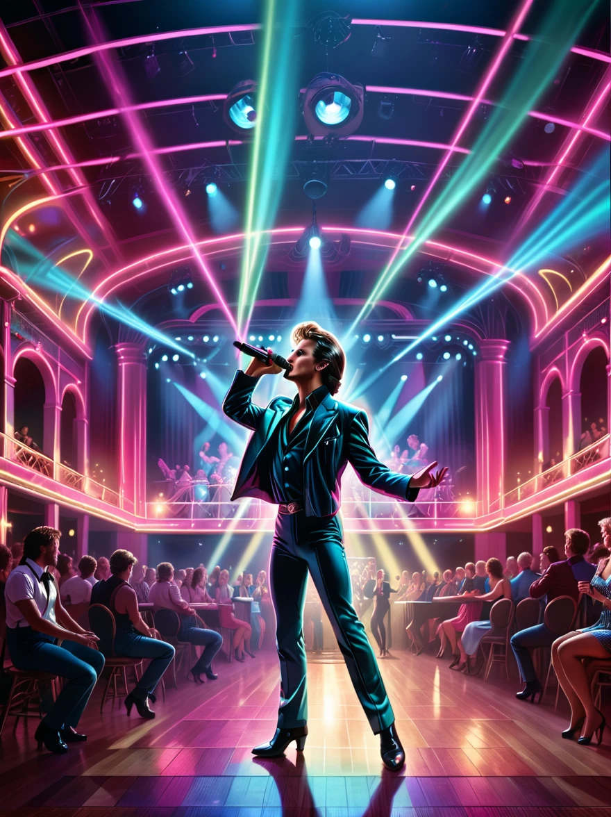 Illuminated 80's style ballroom with lots of people dancing and a stage in the background with a singer at the microphone being overshadowed by a ray of colored light from the stage to the hall.