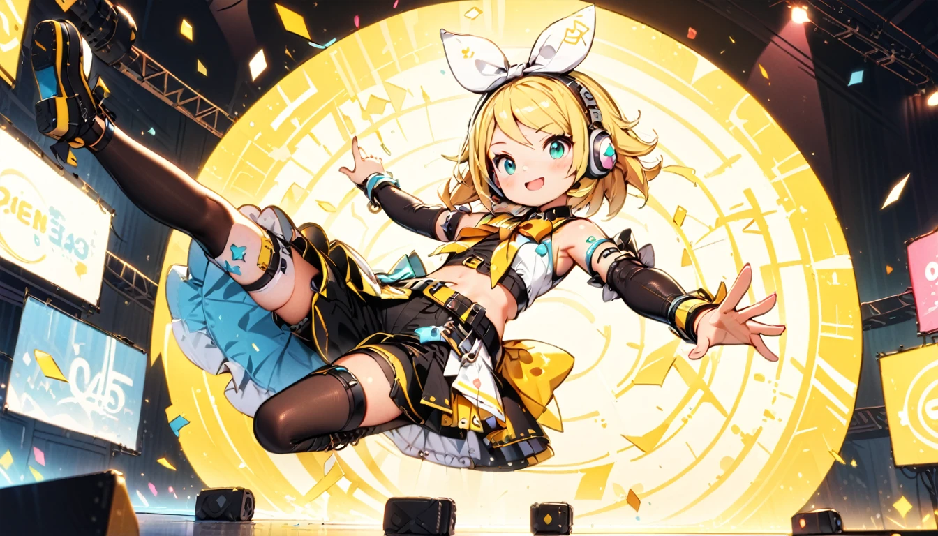 KAGAMINE RIN\(vocaloid\),solo,1female\(cute,kawaii,age of 10,KAGAMINE RIN\(vocaloid\),light yellow hair, short hair,red tattoo of numbers"02" on shoulder,(big white bow),sleeveless white shirt,detached black arm bell sleeves,(arm sleeves are black bell sleeves:1.2),belt,sailor collar,yellow wide tie,white headphones,black short pants,black knee high leg warmers,yellow key strap at belt,open shoulder,singing and dancing,(very cute pose:1.5),(korean idol pose:1.5),dynamic pose,(cute big smile),(full body),looking away\), BREAK ,background\((live stage),colorful confetti,pastel color spotlights,(many colorful music notes),(many audience waving yellow glow sticks at audience seats:1.3),\), BREAK ,quality\(8k,wallpaper of extremely detailed CG unit, ​masterpiece,hight resolution,top-quality,top-quality real texture skin,hyper realisitic,increase the resolution,RAW photos,best qualtiy,highly detailed,the wallpaper,cinematic lighting,ray trace,golden ratio\),RIN is so so cute,dynamic angle,long shot,wide shot,(aerial view:0.3)