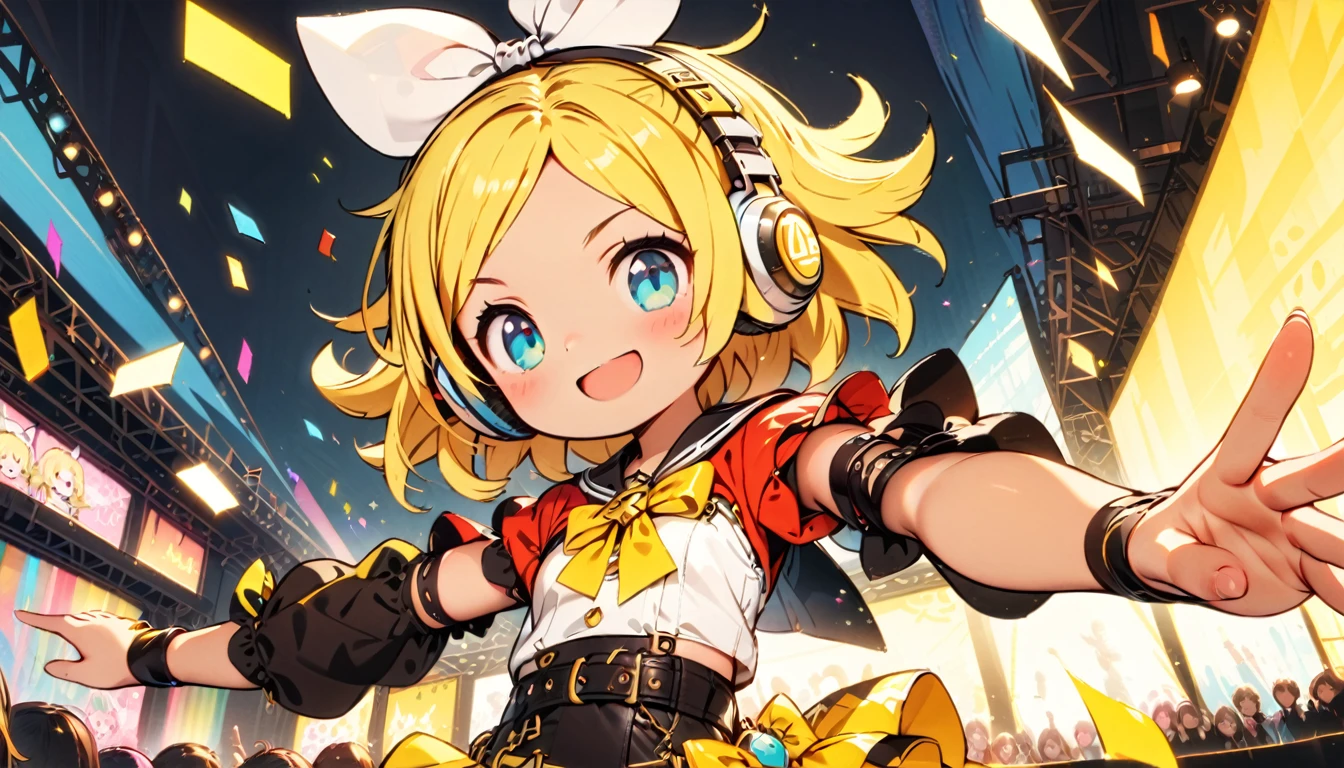 KAGAMINE RIN\(vocaloid\),solo,1female\(cute,kawaii,age of 10,KAGAMINE RIN\(vocaloid\),light yellow hair, short hair,red tattoo of numbers"02" on shoulder,(big white bow),sleeveless white shirt,detached black arm bell sleeves,(arm sleeves are black bell sleeves:1.2),belt,sailor collar,yellow wide tie,white headphones,black short pants,black knee high leg warmers,yellow key strap at belt,open shoulder,singing and dancing,(very cute pose:1.5),(korean idol pose:1.5),dynamic pose,(very cute big smile),looking away\), BREAK ,background\(live stage,band members,colorful confetti,pastel color spotlights,(many colorful music note signs),many audience waving yellow glow sticks,\), BREAK ,quality\(8k,wallpaper of extremely detailed CG unit, ​masterpiece,hight resolution,top-quality,top-quality real texture skin,hyper realisitic,increase the resolution,RAW photos,best qualtiy,highly detailed,the wallpaper,cinematic lighting,ray trace,golden ratio\),RIN is so so cute,dynamic angle,long shot,wide shot,(aerial view:0.8),better hands,5fingers