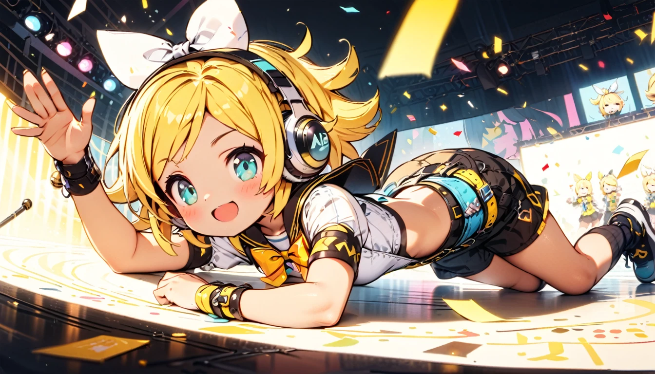 KAGAMINE RIN\(vocaloid\),solo,1female\(cute,kawaii,age of 10,KAGAMINE RIN\(vocaloid\),light yellow hair, short hair,red tattoo of numbers"02" on shoulder,(big white bow),sleeveless white shirt,detached black arm bell sleeves,(arm sleeves are black bell sleeves:1.2),belt,sailor collar,yellow wide tie,white headphones,black short pants,black knee high leg warmers,yellow key strap at belt,open shoulder,singing and dancing,(very cute pose:1.5),(korean idol pose:1.5),dynamic pose,(cute big smile),(full body),looking away\), BREAK ,background\((live stage),colorful confetti,pastel color spotlights,(many colorful music notes),(many audience waving yellow glow sticks at audience seats:1.3),\), BREAK ,quality\(8k,wallpaper of extremely detailed CG unit, ​masterpiece,hight resolution,top-quality,top-quality real texture skin,hyper realisitic,increase the resolution,RAW photos,best qualtiy,highly detailed,the wallpaper,cinematic lighting,ray trace,golden ratio\),RIN is so so cute,dynamic angle,long shot,wide shot,(aerial view:0.3)