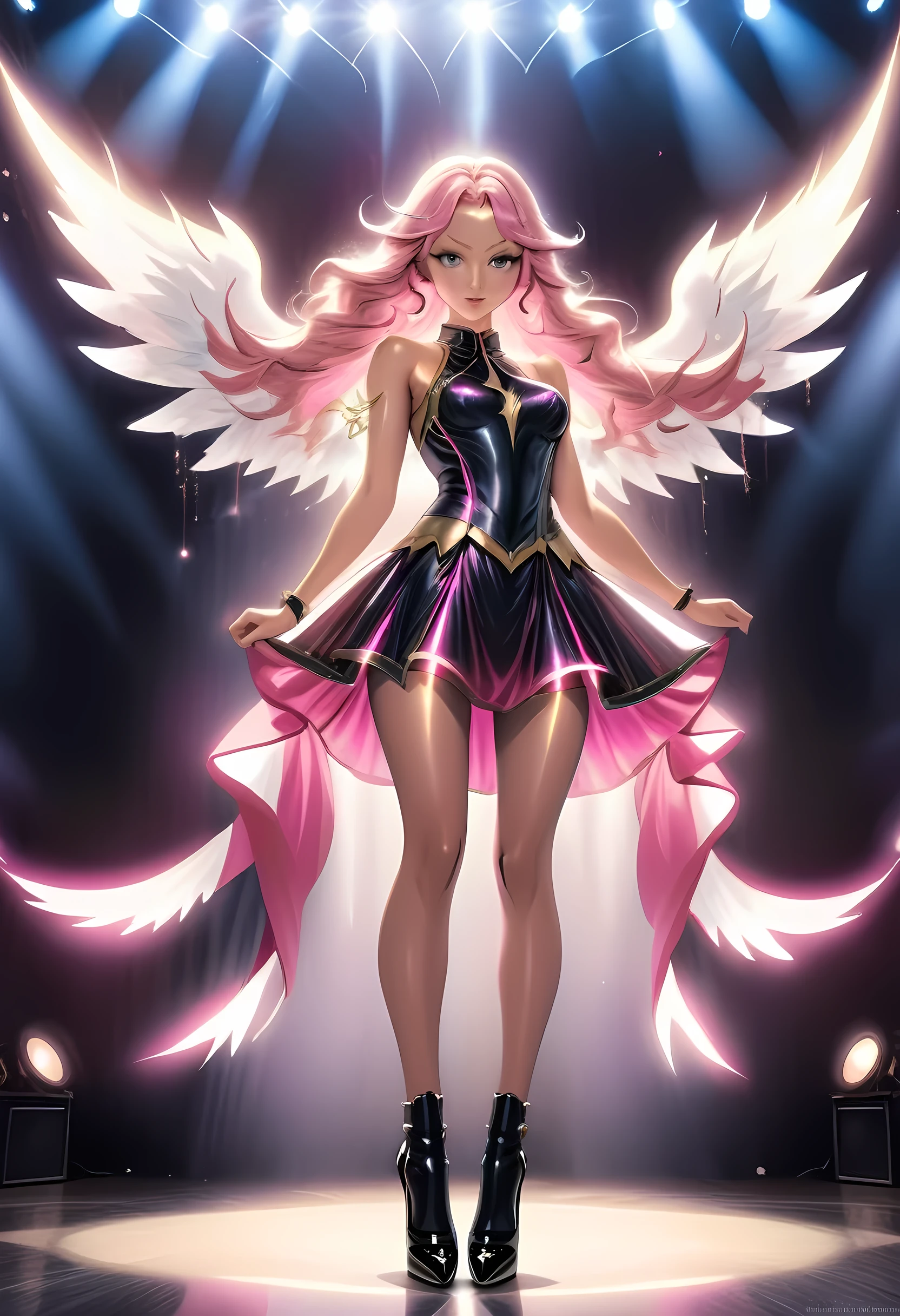 arafed, a picture of an angel rock star on stage, the angel, an exquisite beautiful female angel, dynamic hair style, dynamic hir color, wears a (pink: 1.3) intricate dress, (black: 1.2) high heels, her angelic wings are spread and has many lights shining on the, rock star, rock concert stage background best quality, 16k, [ultra detailed], masterpiece, best quality, (ultra detailed), full body, ultra wide shot, photorealism, armored dress, LightningMagicAI, feathered wings
