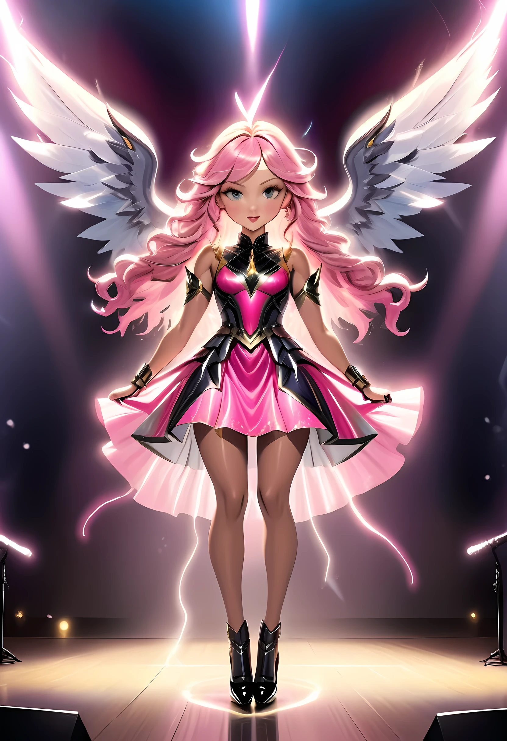 arafed, a picture of an angel rock star on stage, the angel, an exquisite beautiful female angel, dynamic hair style, dynamic hir color, wears a (pink: 1.3) intricate dress, (black: 1.2) high heels, her angelic wings are spread and has many lights shining on the, rock star, rock concert stage background best quality, 16k, [ultra detailed], masterpiece, best quality, (ultra detailed), full body, ultra wide shot, photorealism, armored dress, LightningMagicAI, feathered wings
