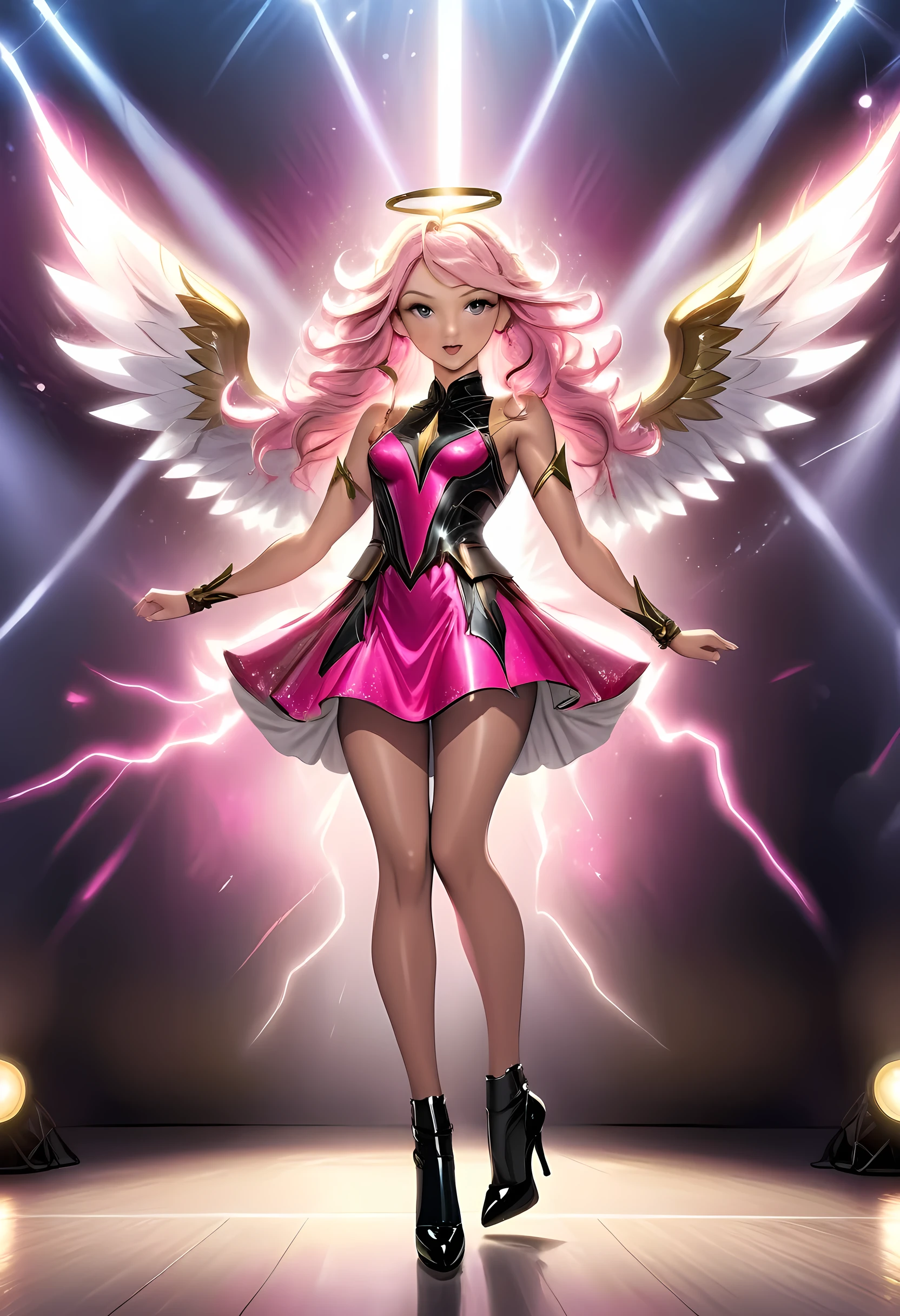 arafed, a picture of an angel rock star on stage, the angel, an exquisite beautiful female angel, dynamic hair style, dynamic hir color, wears a (pink: 1.3) intricate dress, (black: 1.2) high heels, her angelic wings are spread and has many lights shining on the, rock star, rock concert stage background best quality, 16k, [ultra detailed], masterpiece, best quality, (ultra detailed), full body, ultra wide shot, photorealism, armored dress, LightningMagicAI, feathered wings
