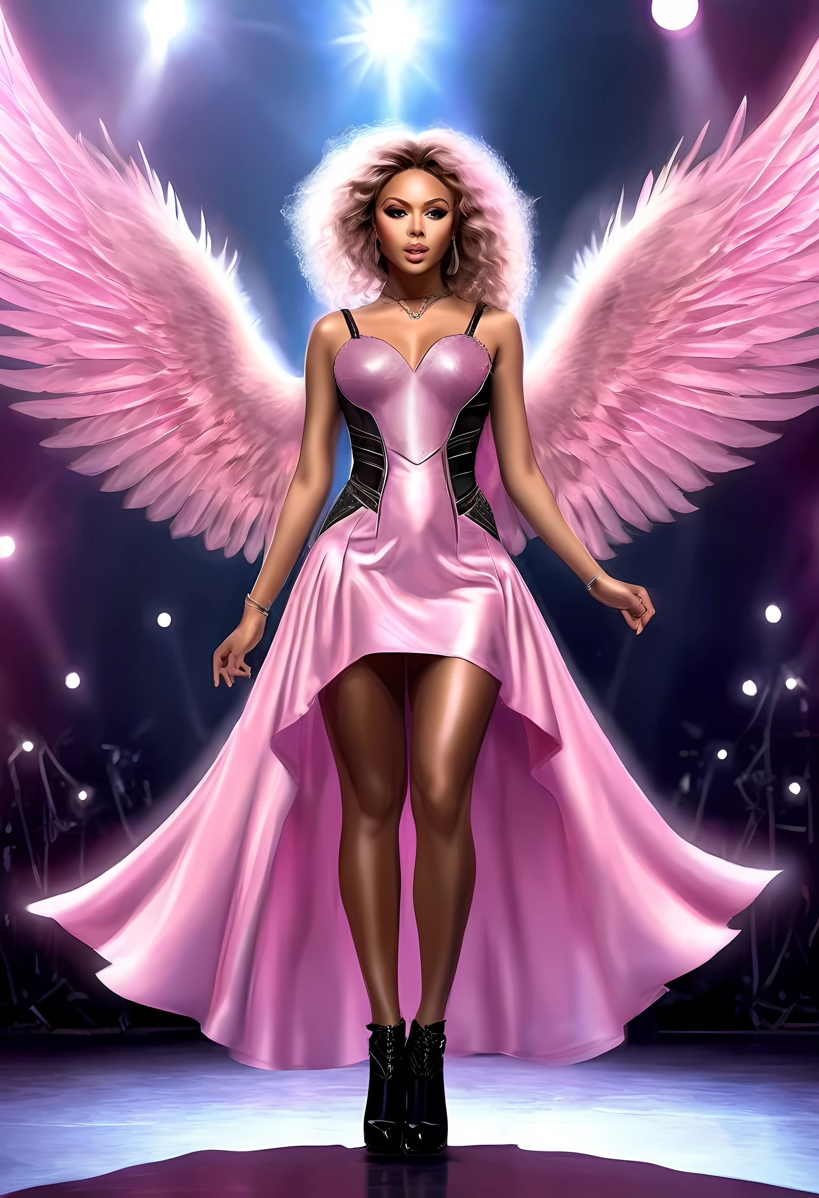 arafed, a picture of an angel rock star on stage, the angel, an exquisite beautiful female angel, dynamic hair style, dynamic hir color, wears a (pink: 1.3) intricate dress, (black: 1.2) high heels, her angelic wings are spread and has many lights shining on the, rock star, rock concert stage background best quality, 16k, [ultra detailed], masterpiece, best quality, (ultra detailed), full body, ultra wide shot, photorealism, armored dress, LightningMagicAI, feathered wings
