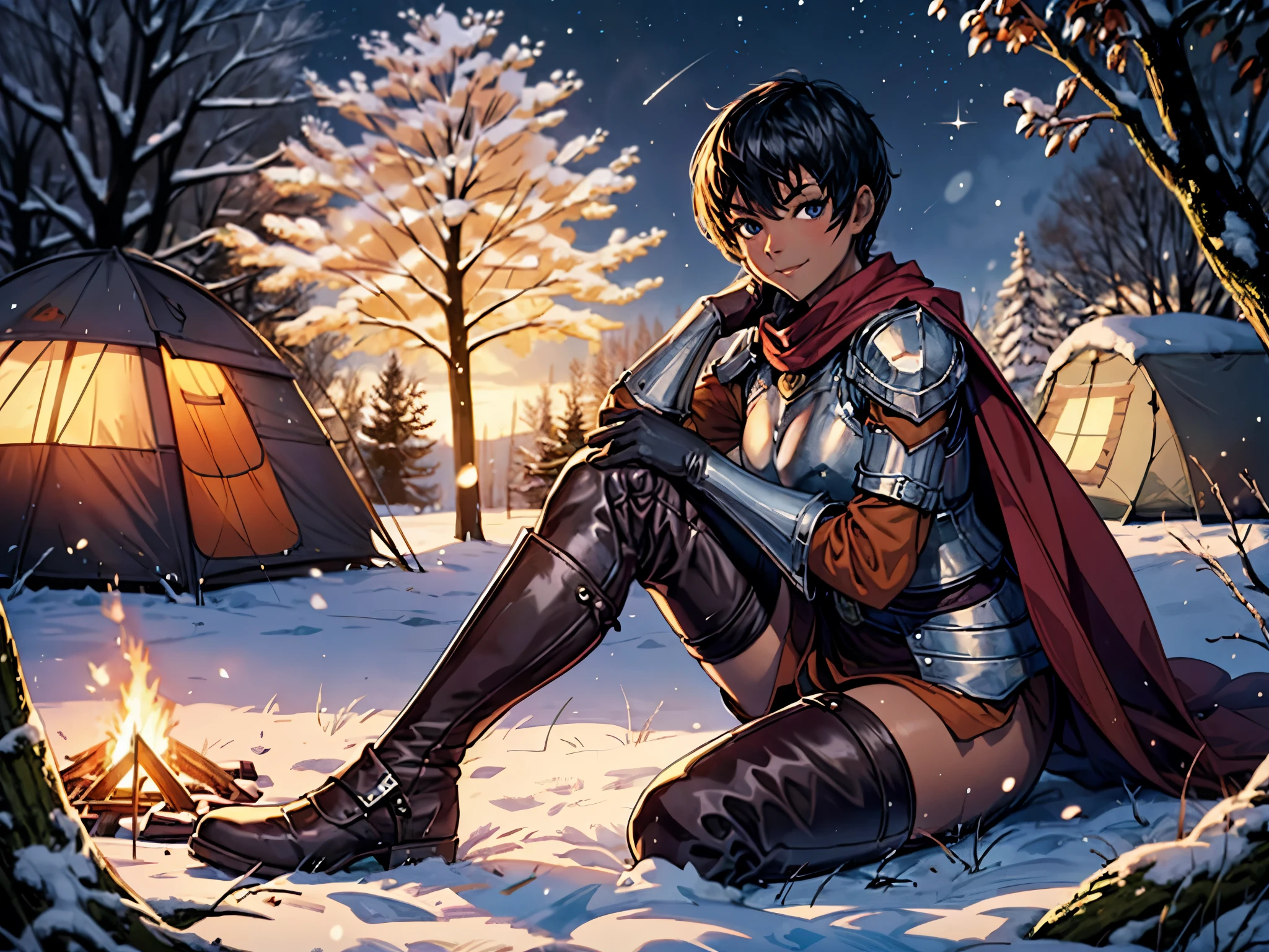 1girl, casca \(berserk\), breastplate, brown gloves, thigh boots, shoulder armor, cape, pelvis curtain,dark skin, winter, bare tree, tree stump, big campfire, sitting, night, night sky, tent, 
masterpiece, best quality, semi-realistic, artgem, digital art,  watching viewer, ,smirk, seductive smile, inviting pose, sultry look
