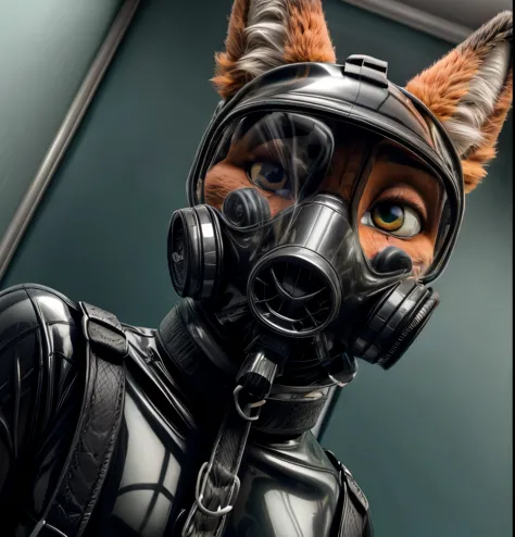 Photograph, realistic, 4k, Solo, furry, Nick Wilde, black rubber, medical examination room, (latex suit), looking at viewer, sweating, (detailed eyes, white sclera, ultra detailed eyes), low angle camera, viewer wearing latex and strapped to gurney, in lov...