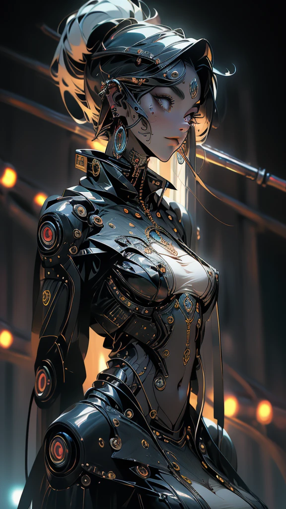 The prompt for the given theme is: "black color, ram's head, Death's scythe, infernal horror, overlooking, tattered clothes, downward gaze, illustrations, highres, ultra-detailed, dark fantasy, sharp focus, vivid colors, dramatic lighting, bokeh". female robot pilot, mechanical creature, electronic wires relays computer nerves, girl face, dystopian surrealism, alex ries zdzisaw beksinski giger, very intricate details, demon chinese female, deep luminous eyes contain galaxies, head contains nebula, deep aesthetic, concept art, carved silver circuits diodes resistors semiconductors, highly ornate