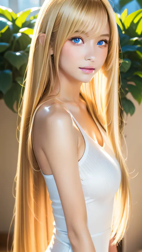 Beautiful super long straight silky hair with a dazzling golden shine、Bright expression、Blonde girl posing in a white top、long g...