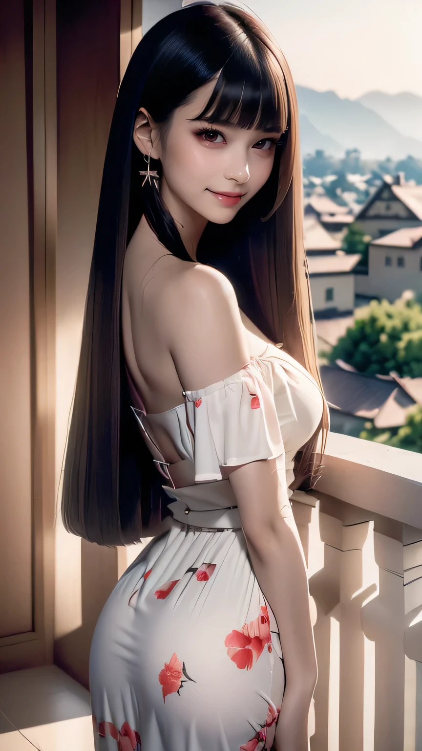 ((Straight bangs、Princess Bang)),((Very heavy、Voluminous bangs:1.1)),((very long、Very heavy、Very voluminous side locks:1.1)), Hime cut、Straight bangs hairstyle、Round face and ugly bangs、Long hair with ugly bangs、The bangs are cut straight、(masterpiece、highest quality:1. 5), (Ultra-fine 8K CG:1.4), (hyperRealistic:1.25), (PhotoRealistic:1.25), (Realistic:1.4), (View Top:1.35), (Rear view),(look back), (smile1.3)、 1 japanese beautiful girl, 1, Supermodel, Japanese Idols, (smile)、 (Floral dress on off-shoulder white background:1.1),( Girl standing on balcony of old castle:1.4), (A European castle is hazy in the background.),Backlight、silhouette、nipple、