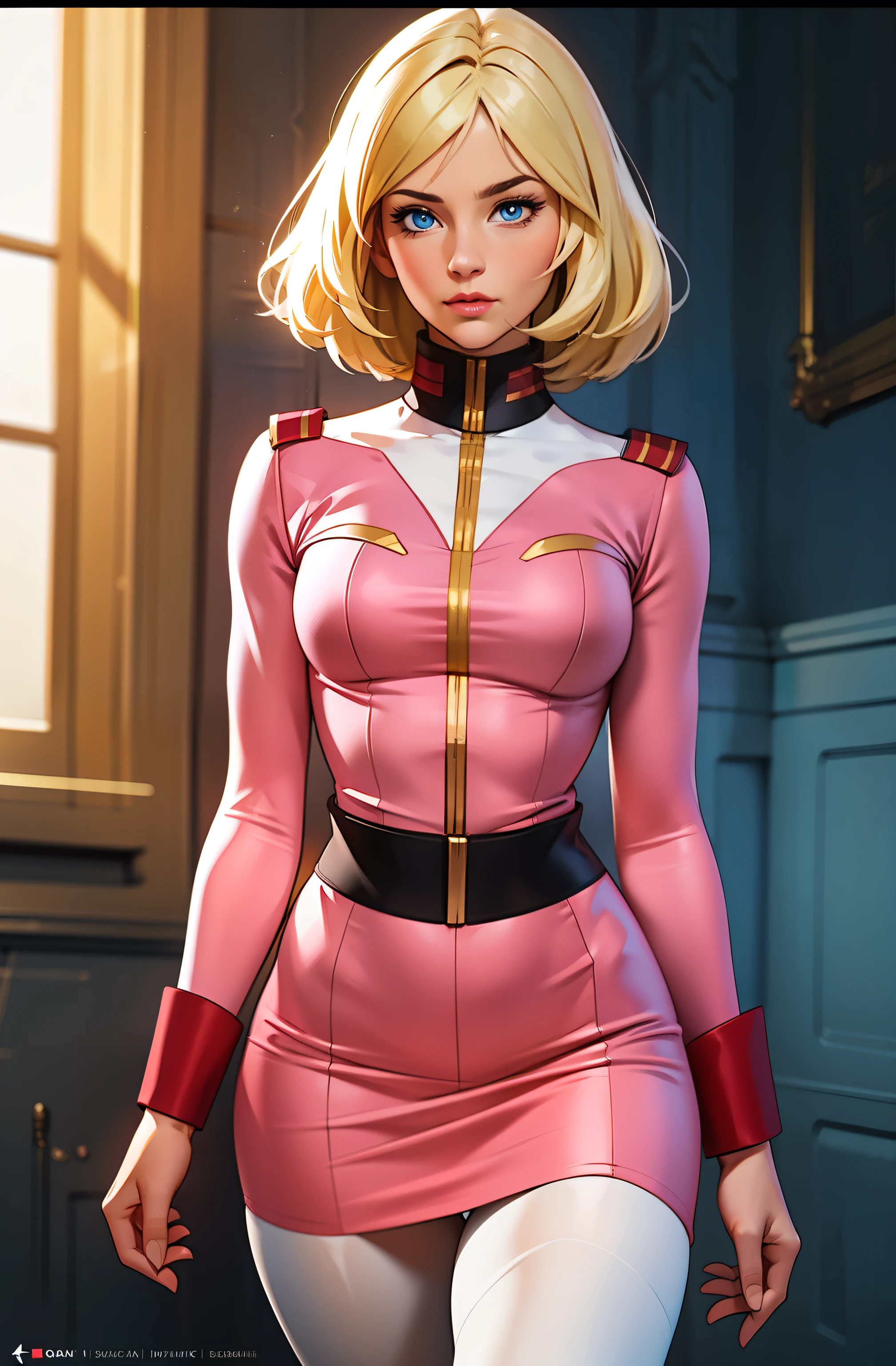 ((masterpiece)), ((cinematic lighting)), realistic photo、Real Images、Top image quality、1girl in, sayla mass, Elegant, masterpiece, Convoluted, slim arms, wide hips, thick thighs, thigh gaps, Best Quality, absurderes, high face detail, Perfect eyes, mature, Cowboy Shot, , Vibrant colors, soft pink uniform, soft pink Skirt, white tights