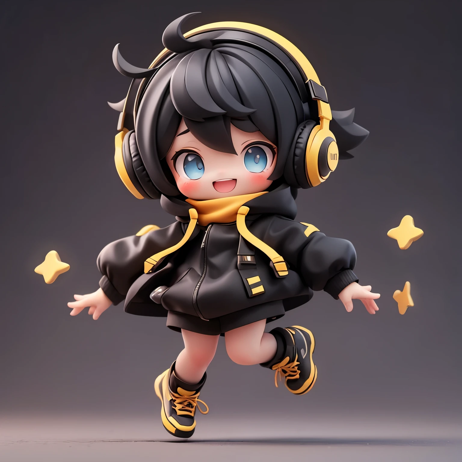 Matte blind box，(black yellow coat)，Simple background，best quality,Happy expression,Jump up,a girl with short hair,with yellow headphones,black hair,blue eyes
